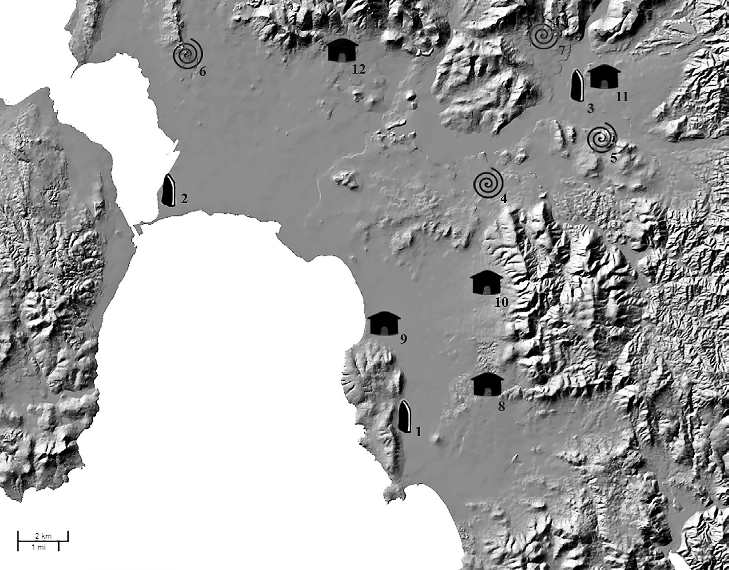 Fig. 2 – Carta di distribuzione dei siti preistorici presenti nel territorio: 1) menhir Sa Perda Fitta, Sant’Anna Arresi; 2) menhir Su Para e Sa Mongia, Sant’Antioco; 3) menhir della piana di Terrazzu,Villaperuccio; 4) domus de janas di Is Gannaus, Giba; 5) domus de janas di Pani Loriga, Santadi; 6) necropoli di Is Loccis Santus, San Giovanni Suergiu; 7) necropoli di Montessu, Villaperuccio; 8) abitato neolitico di Sant’Anna Arresi; 9) abitato neolitico di Is Solinas, Masainas; 10) abitato neolitico di Masainas, loc. acquedotto; 11) abitato neolitico S’Arriorgiu, Villaperuccio; 12) abitato di Madau Tracasi, Tratalias.