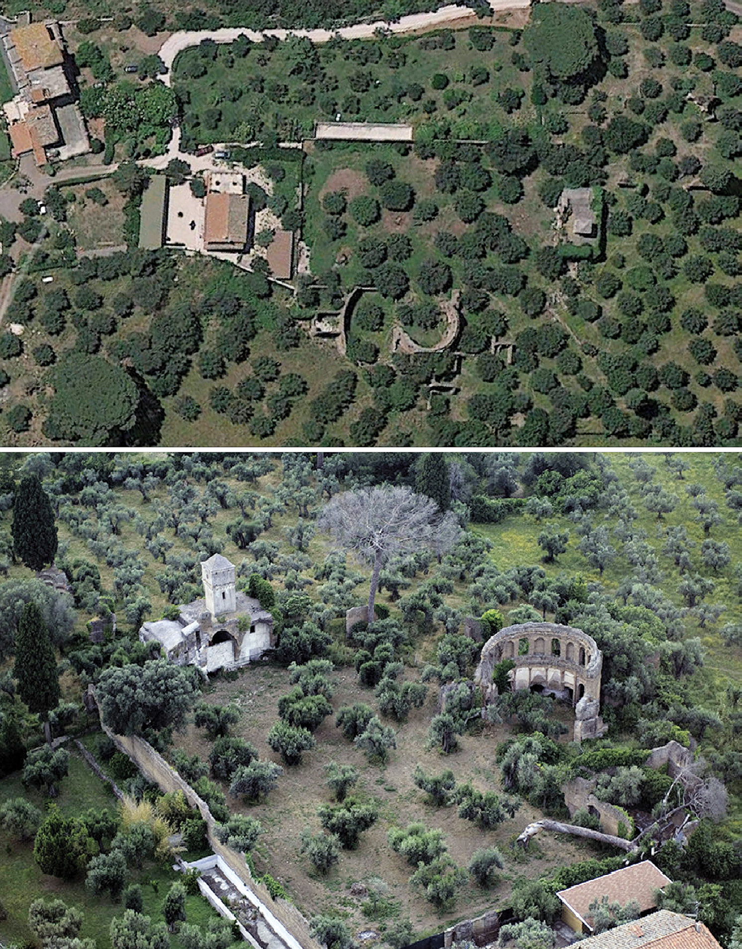 Fig. 2 – Villa Adriana, Accademia. In alto, foto satellitare (Google Earth); in basso, foto aerea da SO (Digital Hadrian’s Villa Project).