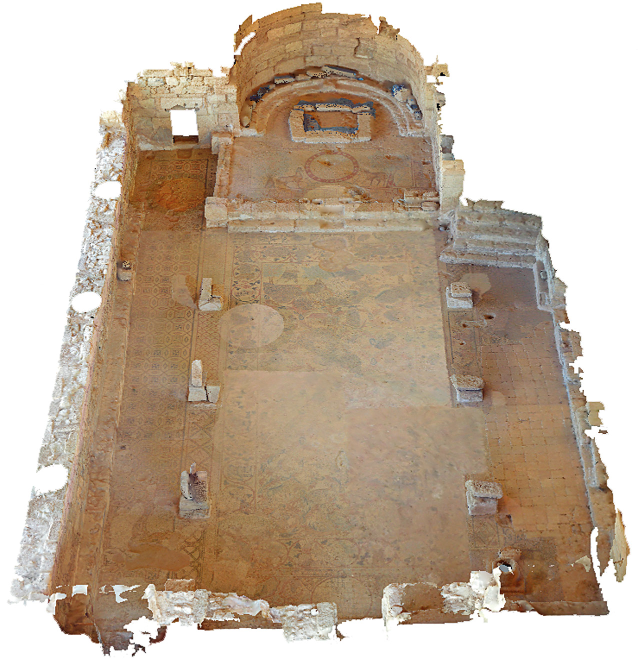 Fig. 2 – Vista prospettica del modello mesh triangolato con sistemi di ripresa laser scanner, chiesa del Vescovo Sergio.