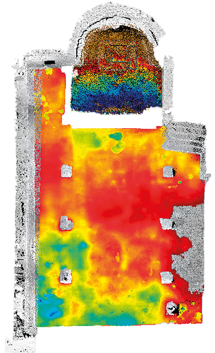 Fig. 6 – DEM sul pavimento musivo della chiesa di Vescovo Sergio: in rosso le zone sopraelevate, in blu le depressioni; il range di ispezione del modello è di ± 0,10 m.