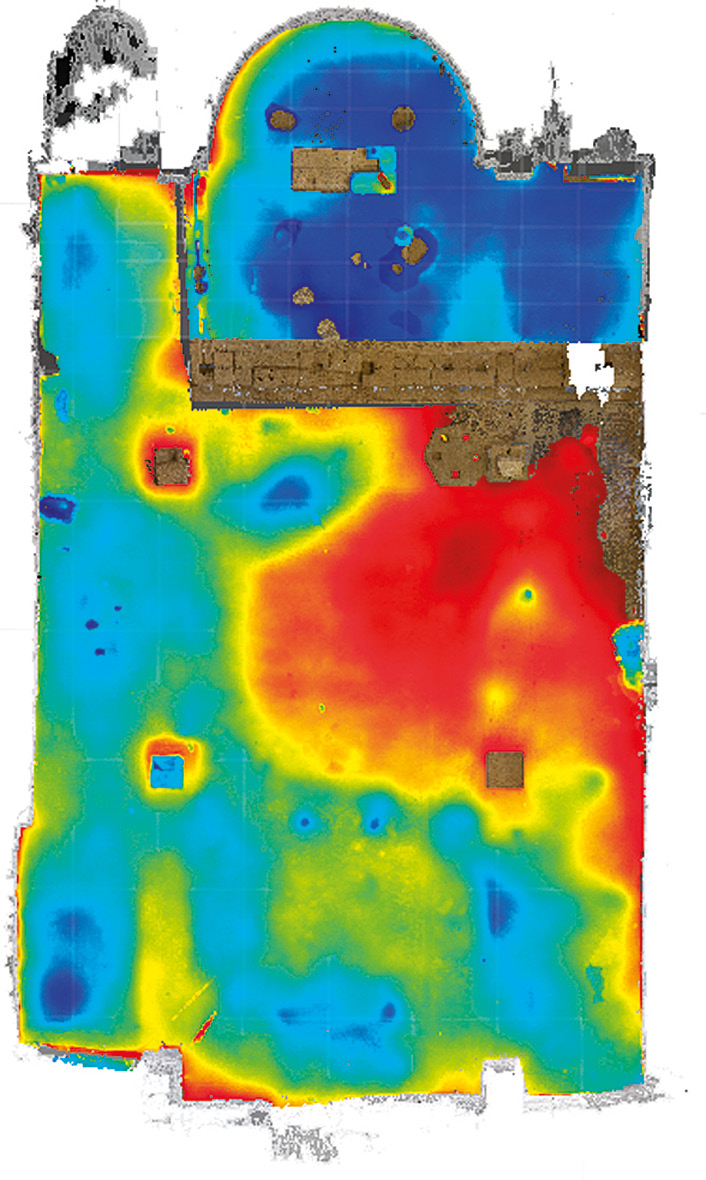 Fig. 7 – DEM sul pavimento musivo della chiesa di Santo Stefano: in rosso le zone sopraelevate, in blu le depressioni; il range di ispezione del modello è di ± 0,10 m.