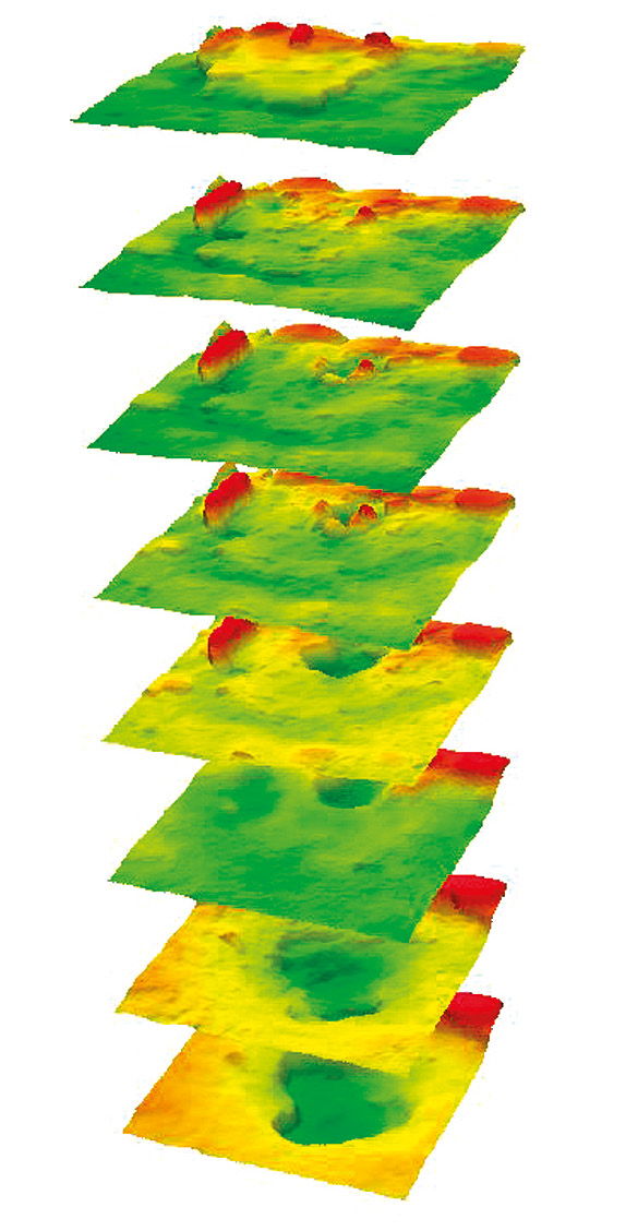 Fig. 5 – Settore Z, focolare 1, rappresentazione DEM delle varie fasi di scavo archeologico su diverse base heights.