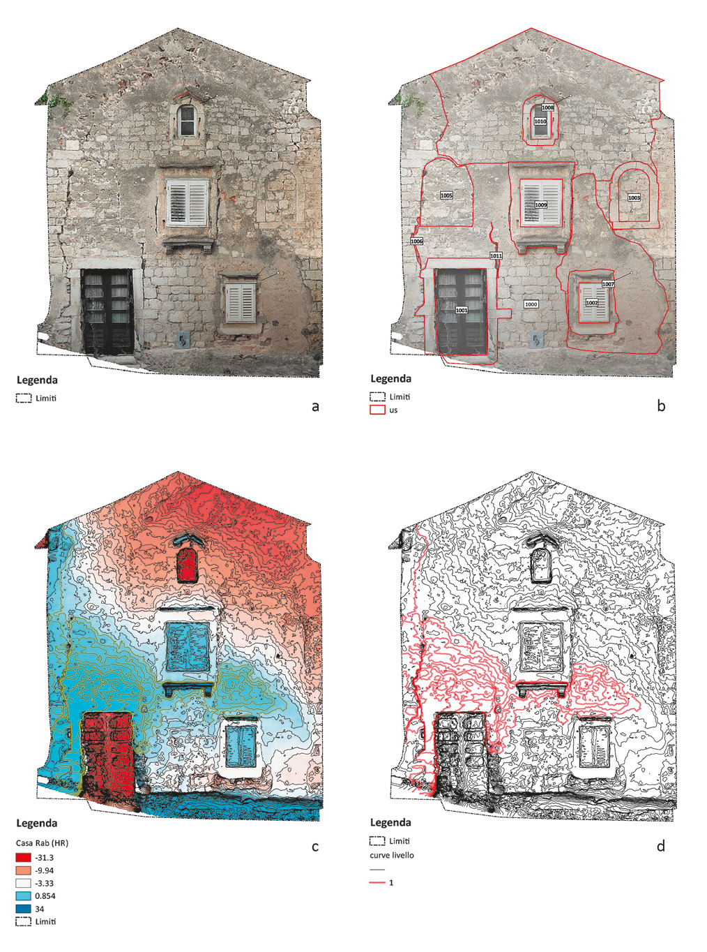 Fig. 8 – Rab (Croazia), edificio residenziale medievale: a) ortomosaico del prospetto E; b) analisi stratigrafica; c) rappresentazione DSM; d) curve di livello rispetto a un piano ideale esattamente verticale.