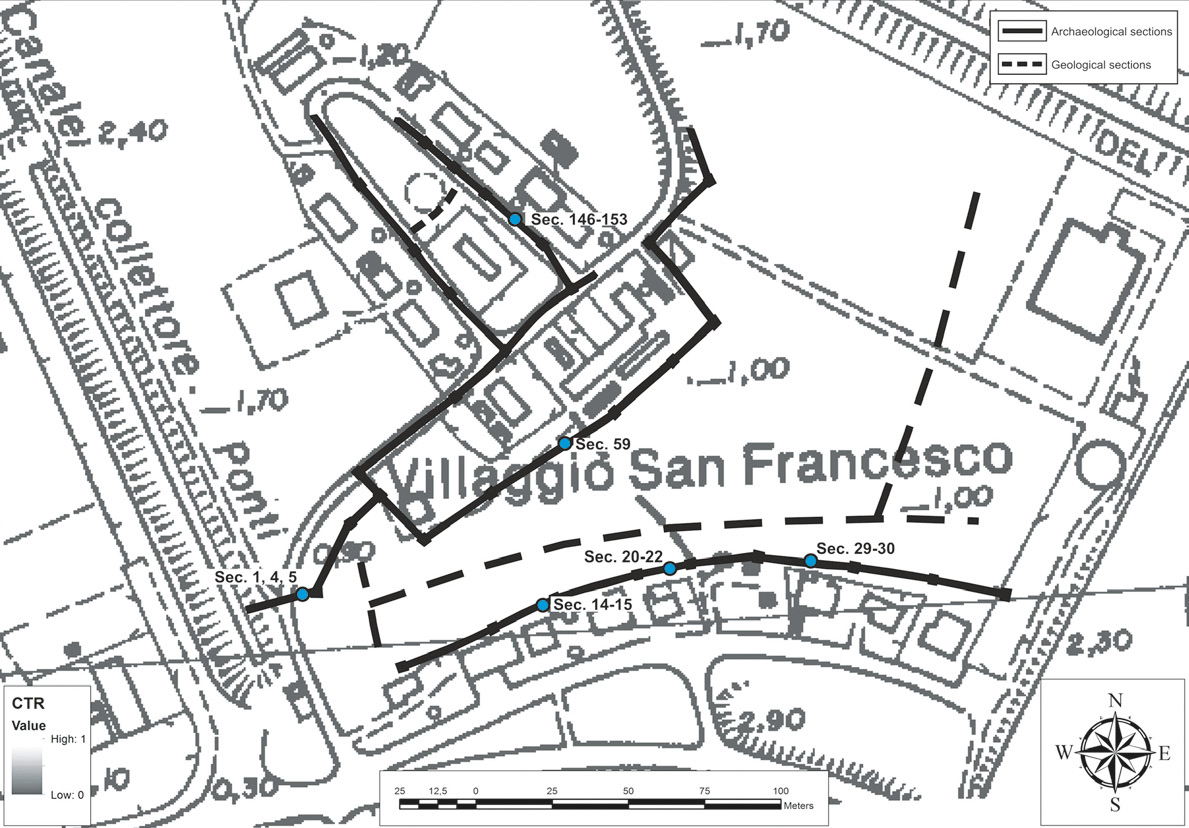 Fig. 1 – The site of Villaggio San Francesco, NE of Comacchio: the numbers correspond to the sections mentioned in the paper.