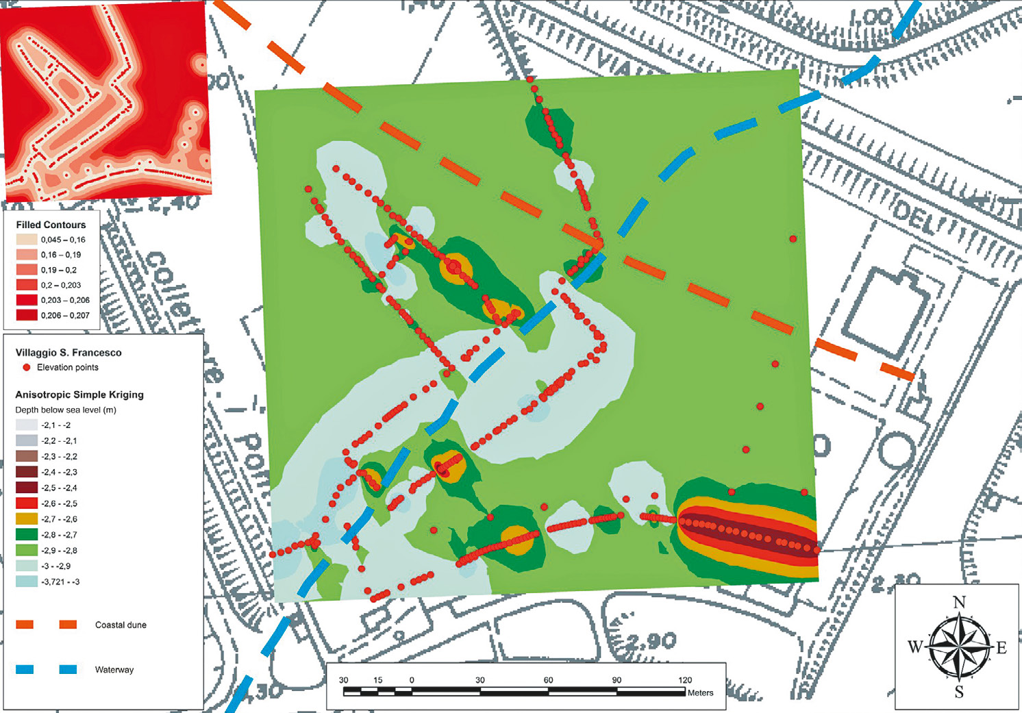 Fig. 5 – Anisotropic Simple Kriging: predicted surface and Prediction Standard Error Map in the top left corner.