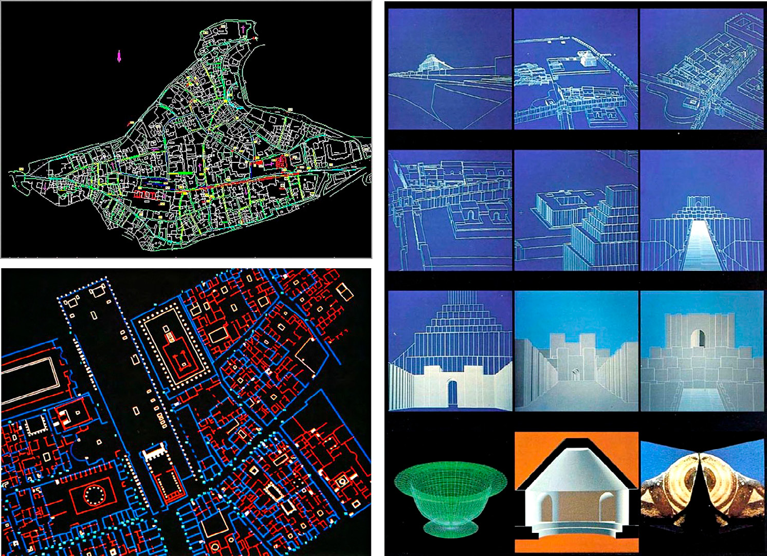 Fig. 1 – a) The digital map of Atri (Azzena 1987); b) Simulated reconstruction of some monuments and objects from Babilonia (Gullini 1989); c) The digital map of Pompeii (Rediscovering Pompeii 1990).