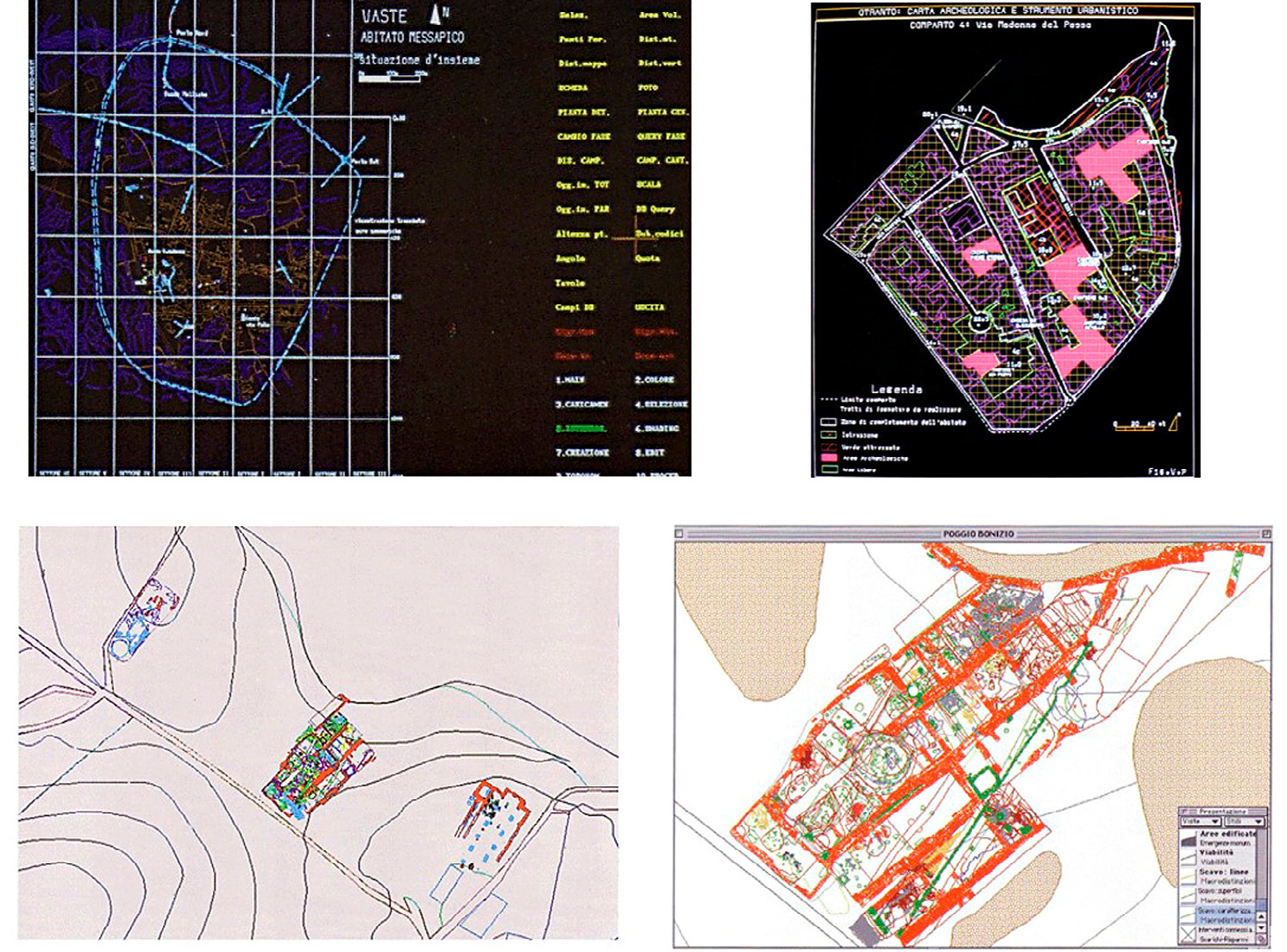 Fig. 4 – a) ODOS excavation data management system: intra-site information system of Vaste and Otranto (D’Andria, Semeraro 1993); b) OpenArcheo System: GIS platform of the excavation area at Poggio Imperiale (Poggibonsi, SI) (Valenti1998).