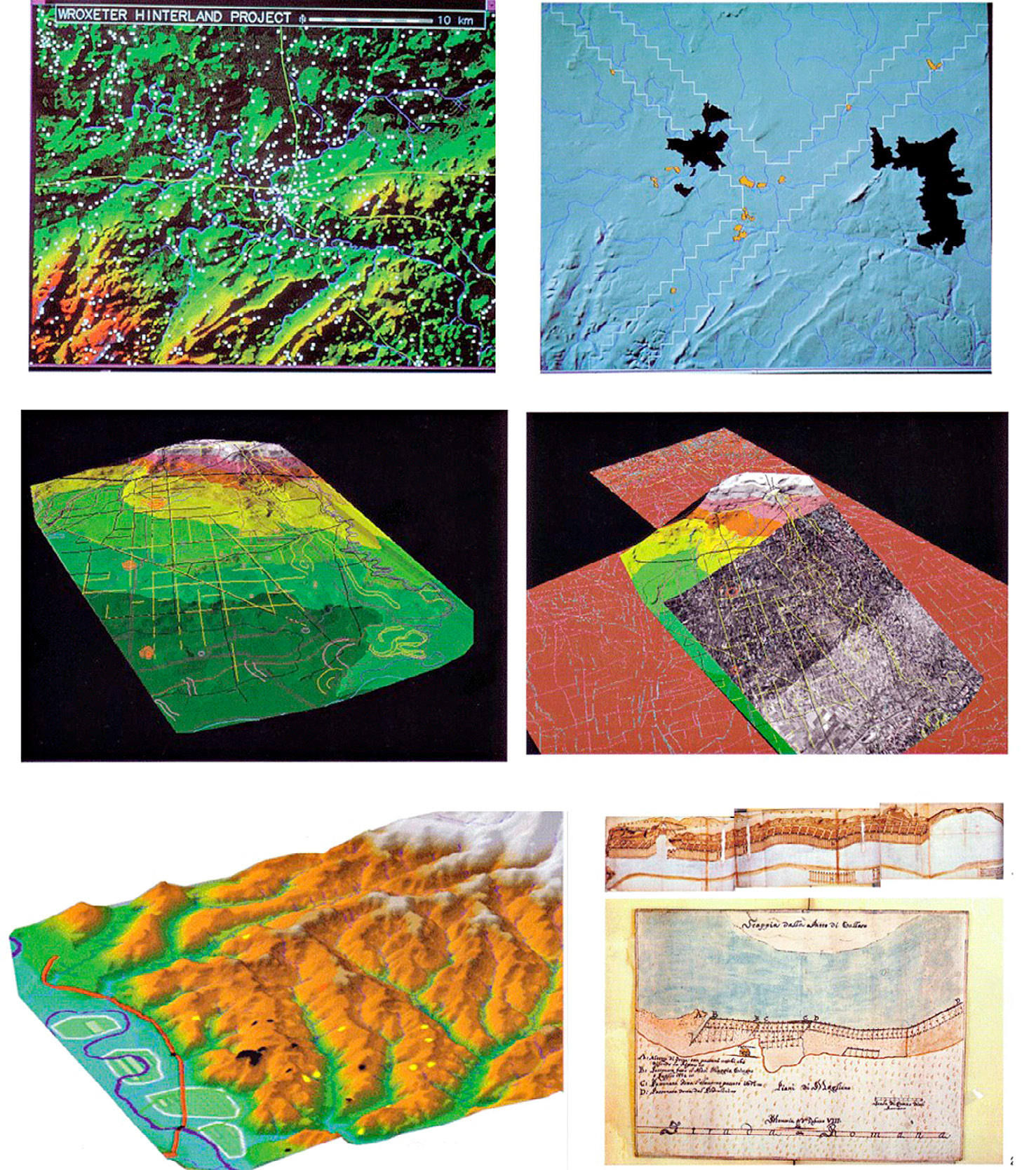 Fig. 5 – a) The Wroxeter Hinterland Project (White 1996); b) The central Po Plain: texture mapping and aerial photomosaic superimposed on the DEM (Cremaschi, Forte 1999); c) The Tiber Valley and the original course of the river as derived from archival sources (Colosi et al. 2000).