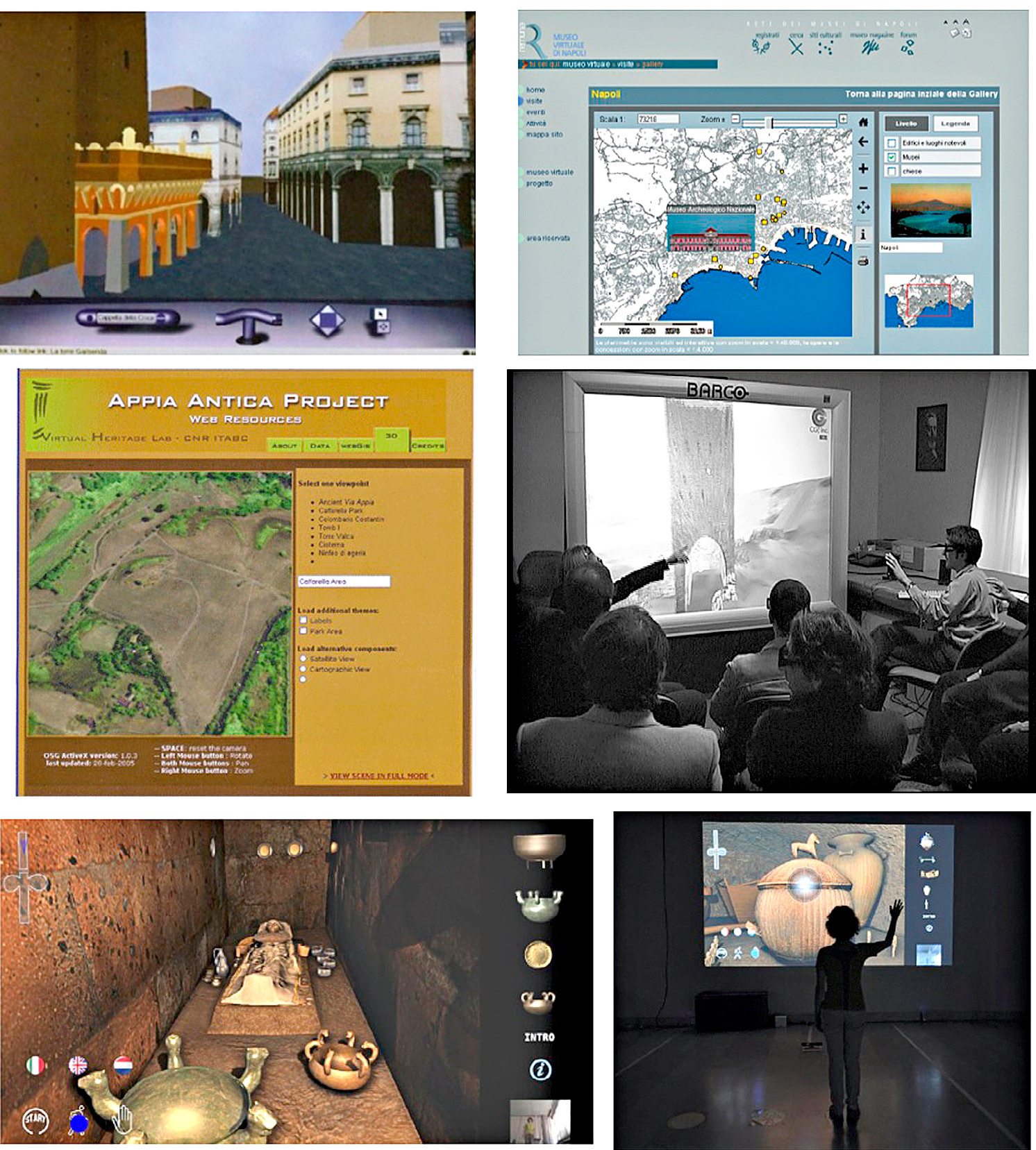 Fig. 7 – a-b) Some of the CNR research projects illustrated in the Supplement “Virtual Museums and Archaeology” (Moscati 2007); c) The installation “Virtual Exploration of the Regolini-Galassi tomb” in the Vatican Museums (Pietroni 2013).