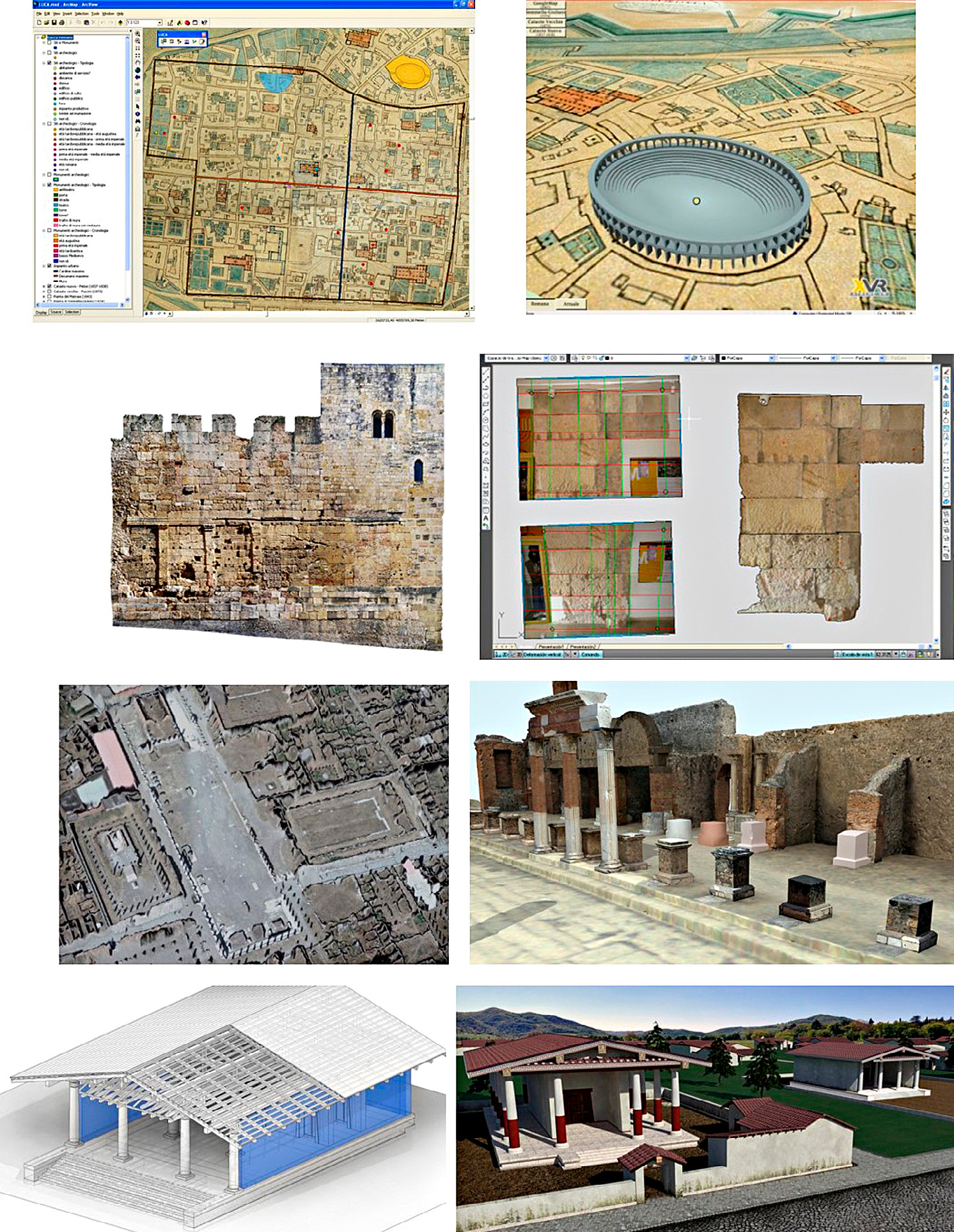 Fig. 9 – a) GIS of the city of Lucca in the Roman era (Camin et al. 2010); b) Building analysis of the provincial Forum of Tarraco (Vinci 2012); c) Pompeii, Roman forum: rendering of the textured digital model (Russo, Remondino, Guidi 2011); d) Marzabotto (Bologna): BIM model of the Tuscanic Temple of Uni (Garagnani, Gaucci, Govi 2016).