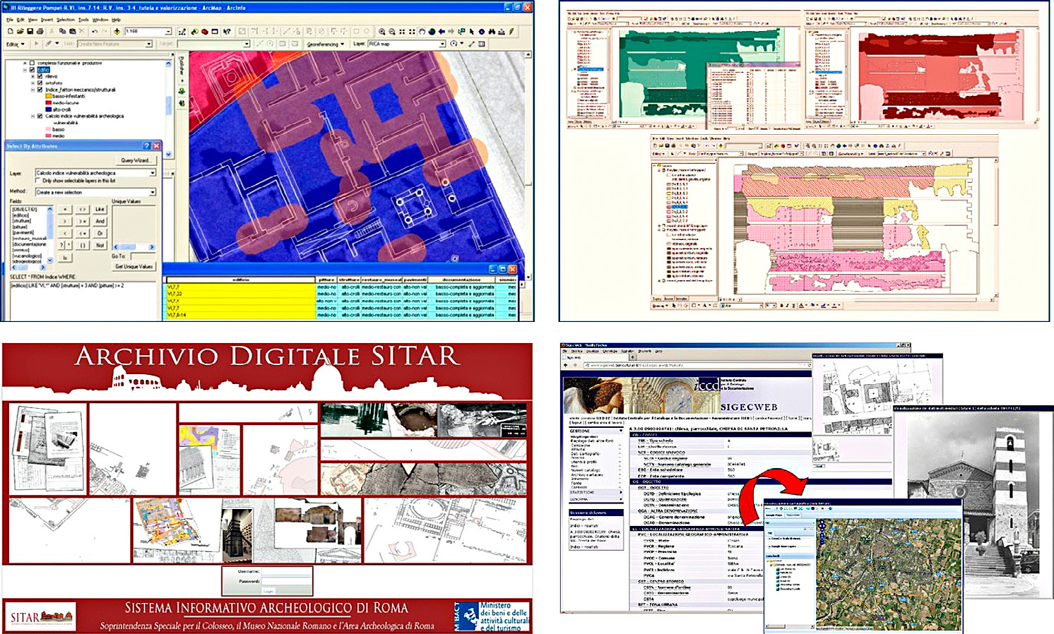 Fig. 10 – a-b) Vulnerability and damage assessment in GIS environment: Pompeii,“Casa dell’Argenteria” (Maratini 2011) and Hadrian’s Villa, Tivoli (Lazzeri 2011); c) SITAR on line Digital Archive (Serlorenzi, Leoni 2017) and ICCD, General Cataloguing Information System, SIGECweb (Mancinelli, Negri 2016).