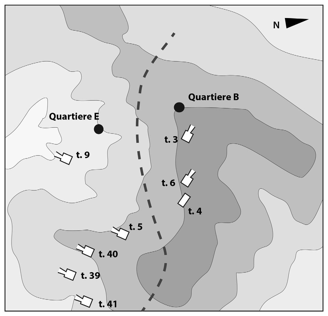 Fig. 13 – Accesa, distribuzione delle tombe arcaiche delle aree B e E.