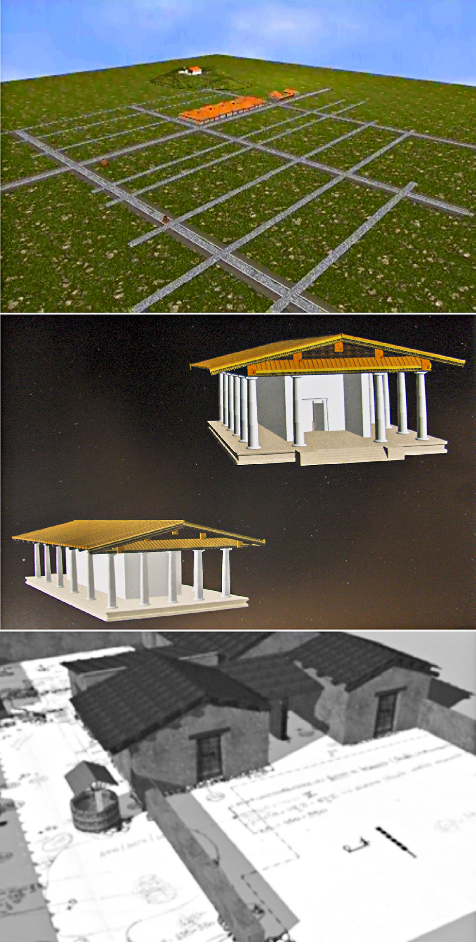 Fig. 1 – a) A first attempt of the virtual reconstruction of the Etruscan city of Marzabotto (Sassatelli, Taglioni 2000); b) Virtual reconstruction of the temple of Tinia (Sassatelli, Govi 2005, 29, pl. 3); c) Virtual reconstruction of House 1, Regio IV, 2 (Beltrami 2010).