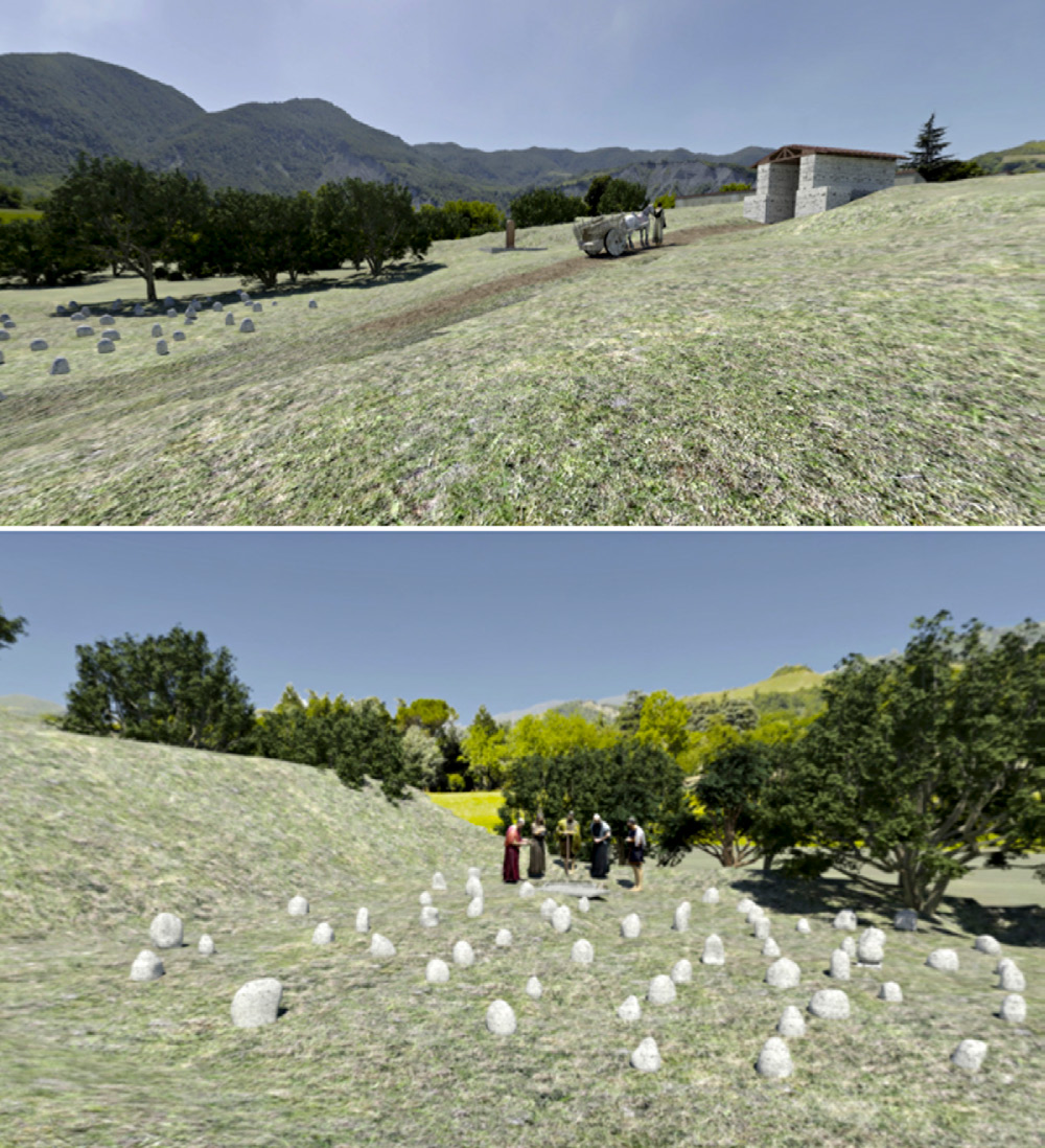 Fig. 2 – Frames of the Panoramic image of the Eastern necropolis of Kainua: a) The Eastern Gate and the funerary road; b) Part of the necropolis with people around a grave. Characters and costumes are provided by Pro Ponte Etrusca Onlus, Perugia.