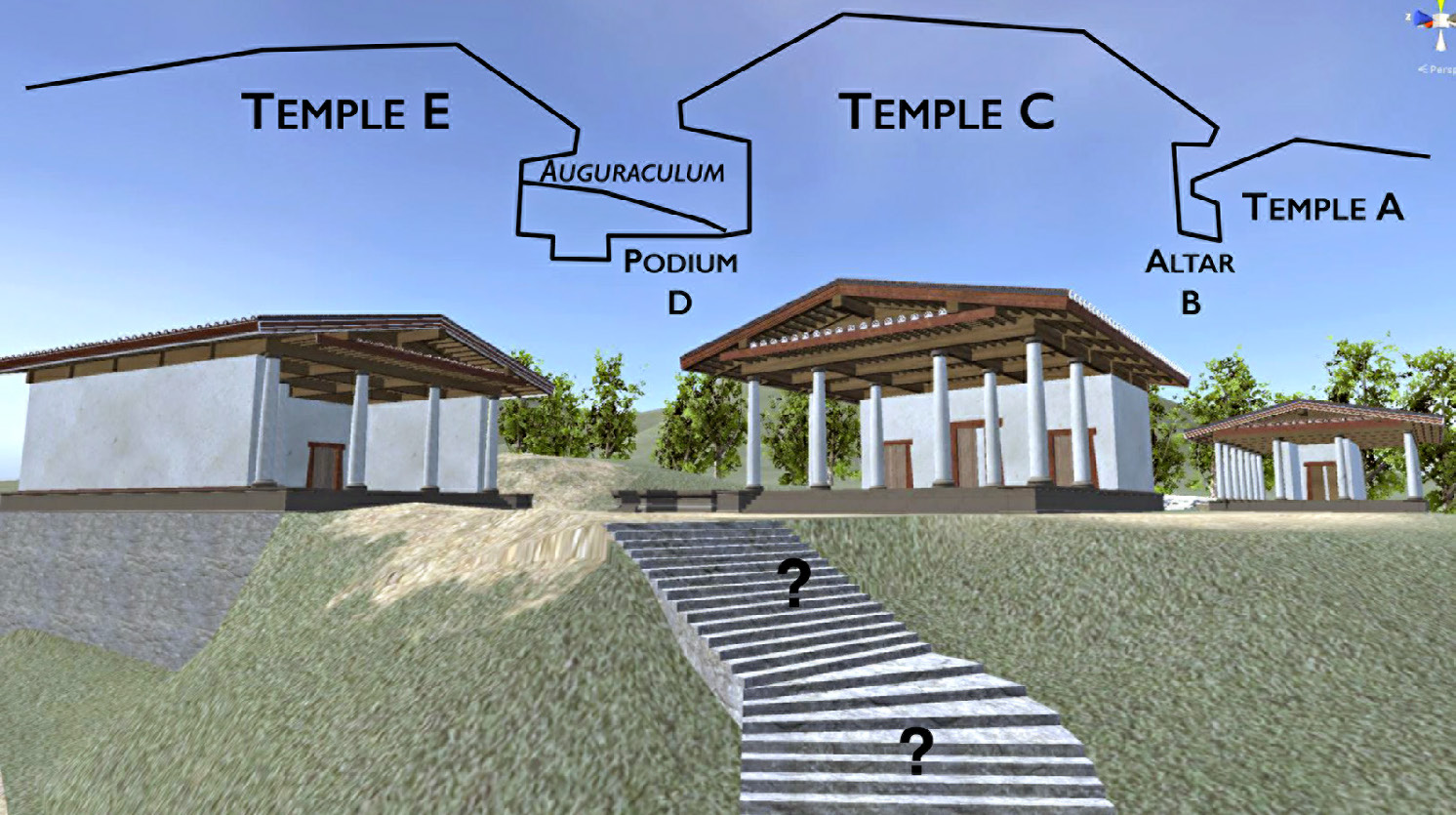 Fig. 3 – View of the acropolis from the plateia B in the Realtime Virtual Environment. The reconstruction of the staircase is based on a doubtful hypothesis.