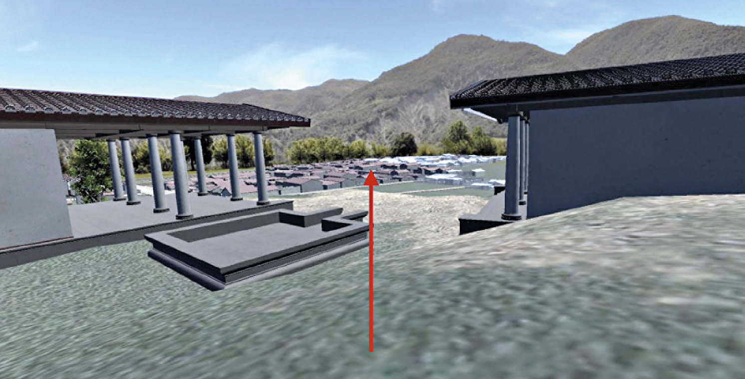 Fig. 4 – View of the lower city from the auguraculum in the Realtime Virtual Environment: the arrow points at the crossroad between plateiai A and C, where the decussis was found.