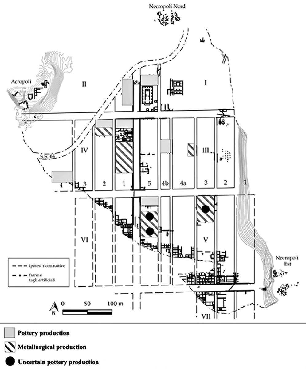 Fig. 1 – The evidence of pottery and metallurgical production in the Etruscan city.