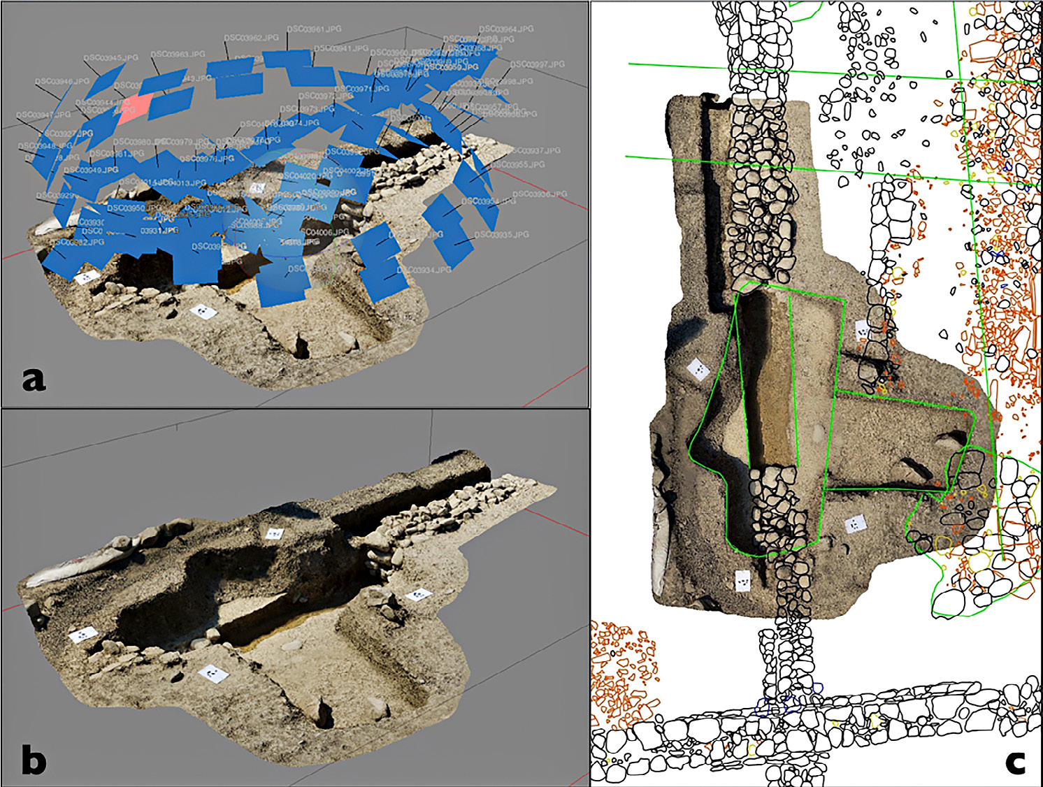 Fig. 2 – a-b) Data processing in Agisoft Photoscan; c) Vector drawing on the orthophoto in QGIS.