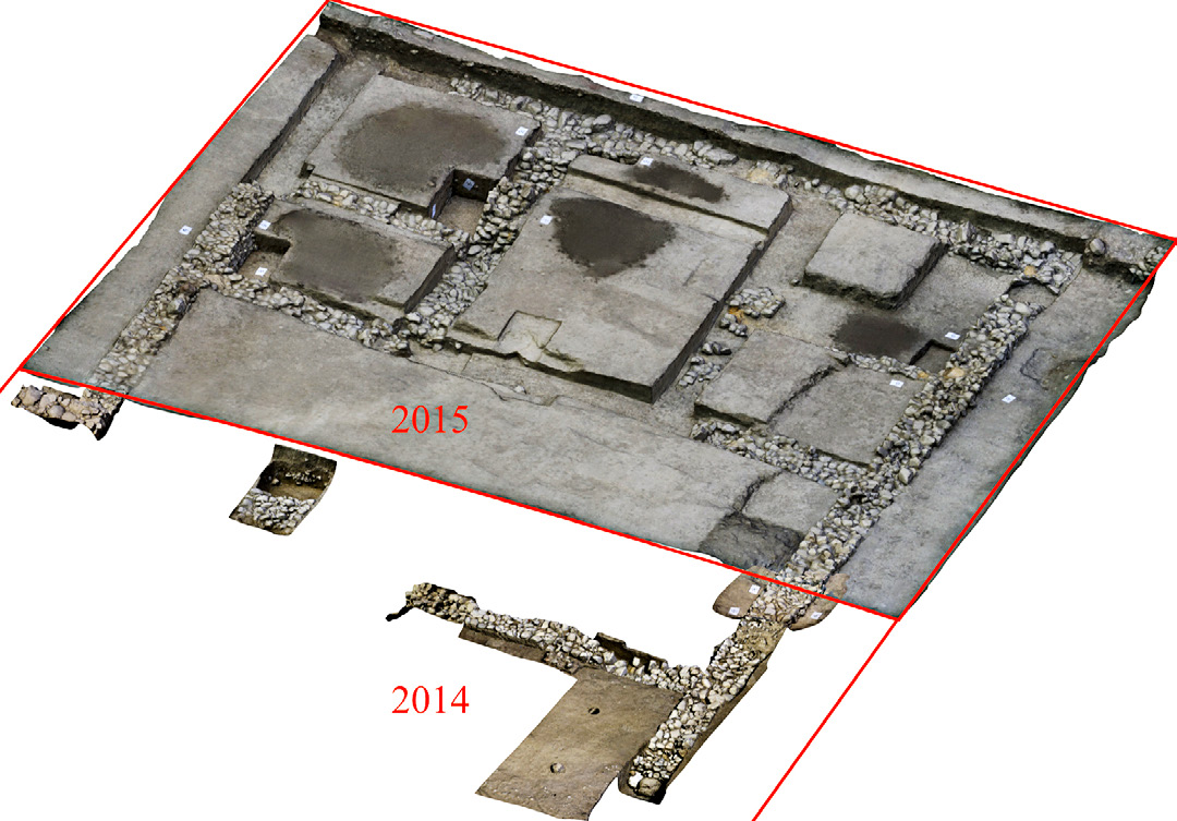 Fig. 3 – 3D models of the temple of Uni acquired over different years and rendered together within Blender.