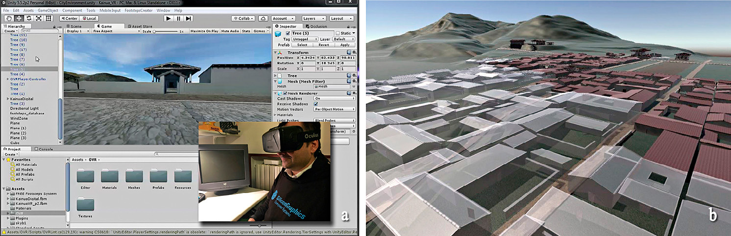 Fig. 2 – a) The virtual reconstruction of Kainua into the Unity3D framework, with the imported 3D model compiled using Oculus Rift stereoscopic libraries; b) The simplified virtual town that can be explored through immersive technology: transparent volumes are referred to dwellings whose known information does not allow to properly setup a philological reconstruction.