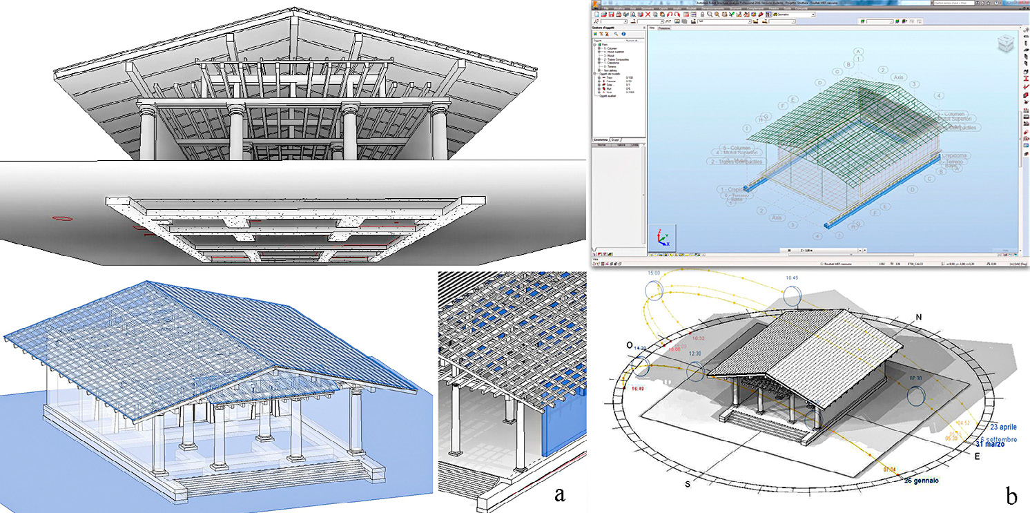 Fig. 3 – a) The ArchaeoBIM model of the temple dedicated to Uni in Kainua: all the elements were modelled according to their semantics and features; b) The ArchaeoBIM model was used to perform some analysis on the monumental building’s performance, from the structural perspective and considering the natural light analysis.