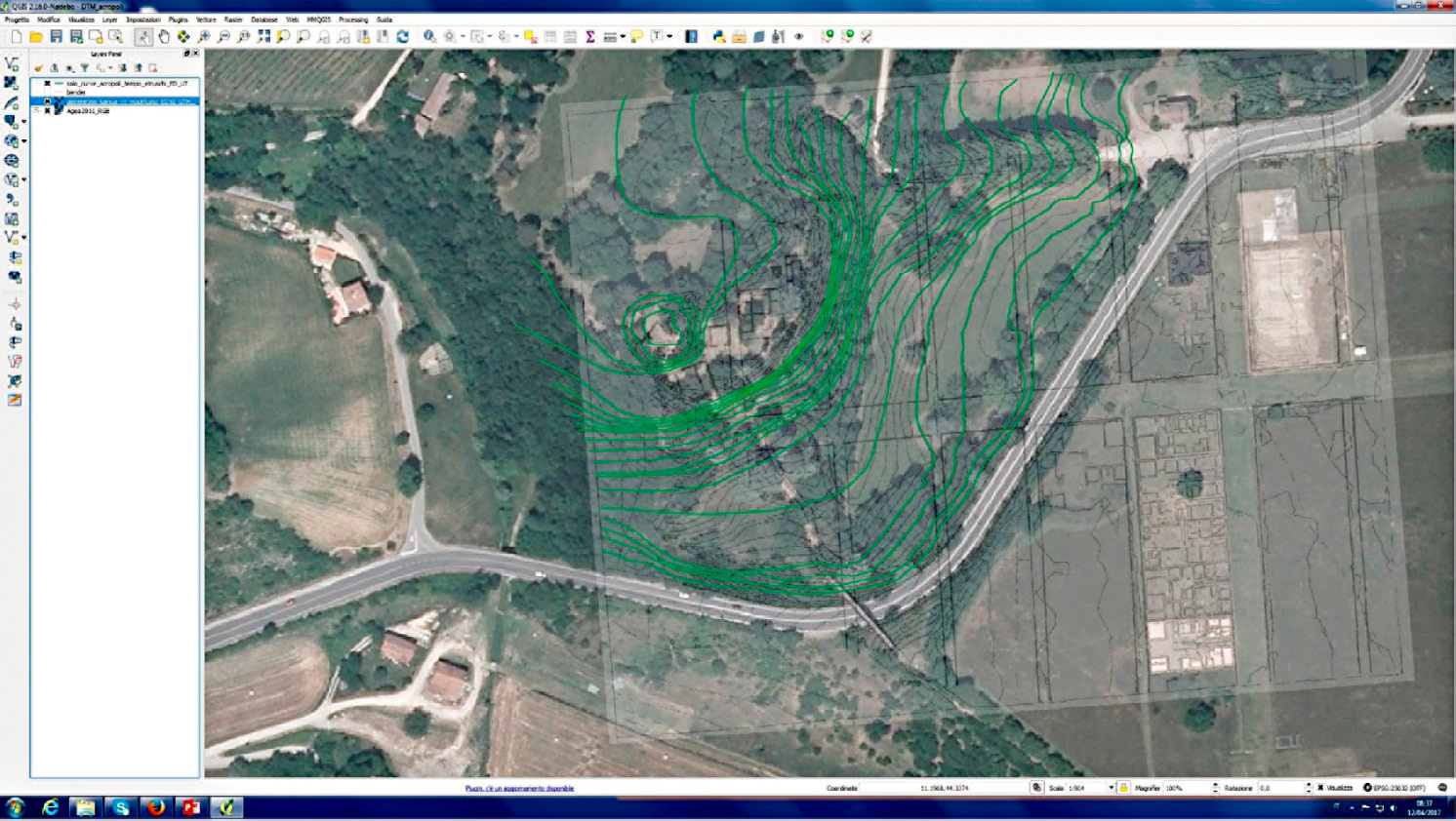 Fig. 1 – Topography map of acropolis area with contour lines in green derived from archeological studies.