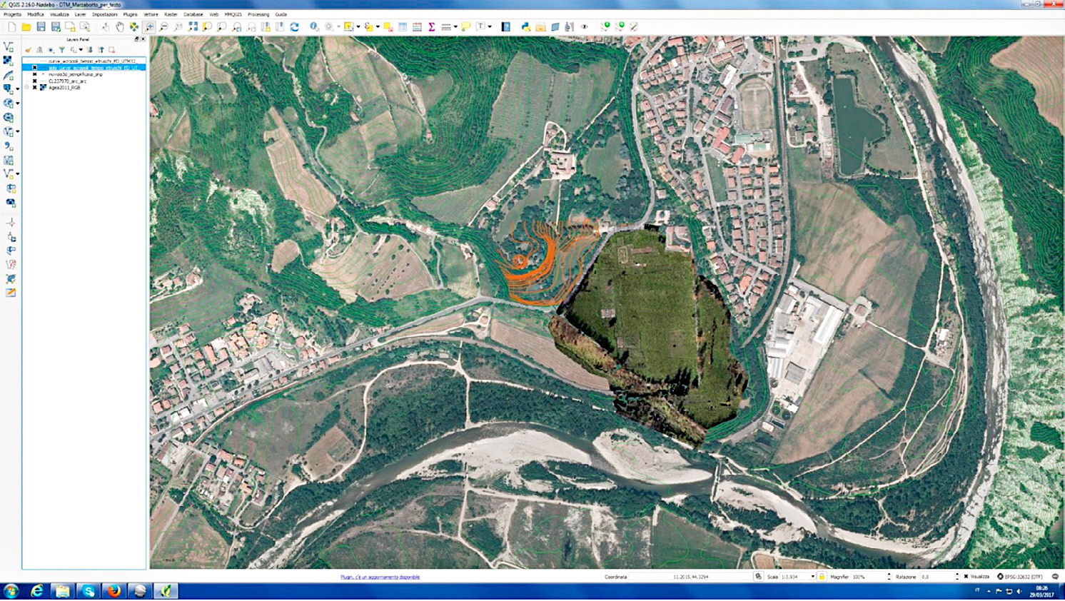 Fig. 2 – The three sources of elevation data: a) in green contour lines of the recent aerophotogrammetry, b) in orange acropolis contour lines and c) in dark green detailed photogrammetric survey by drone.