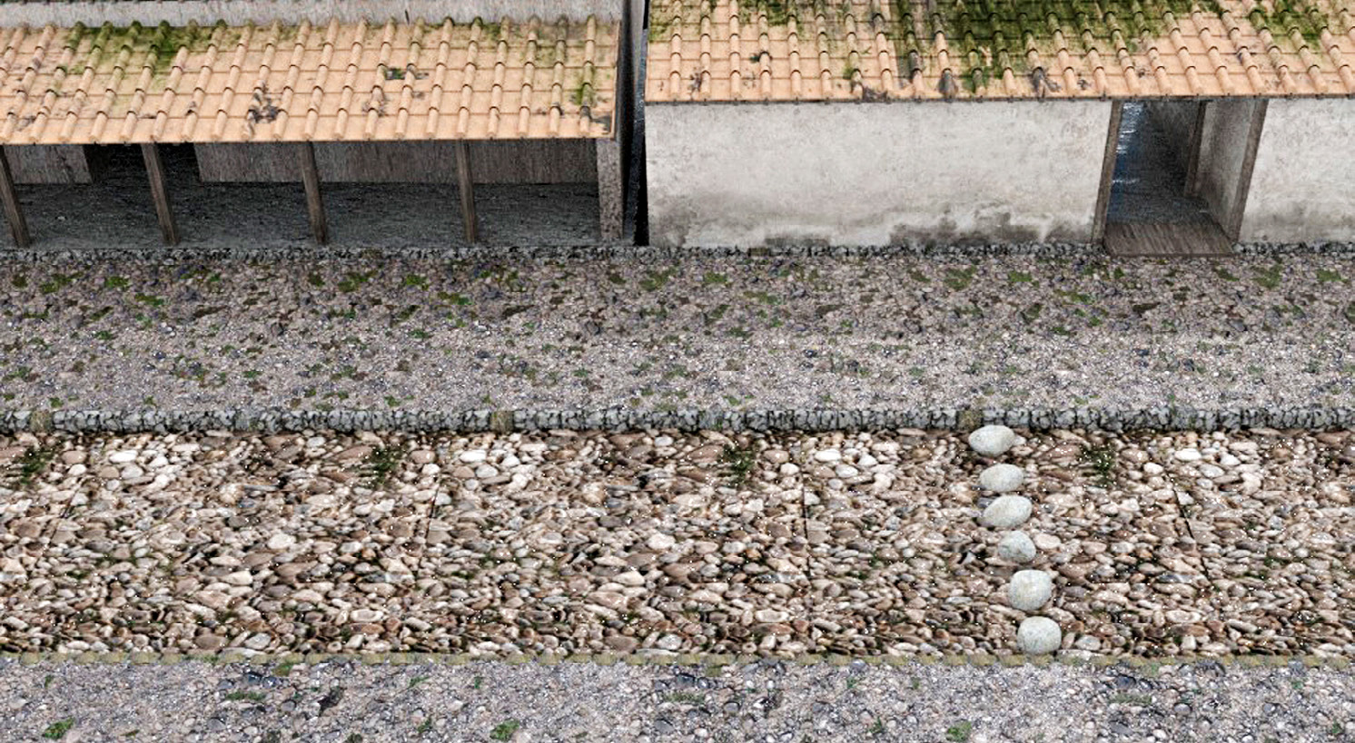 Fig. 7 – Elaboration of the virtual reconstruction of one of the main streets (plateiai), with the houses and the sidewalks divided by the sewers, and the line of pebbles as crosswalk.