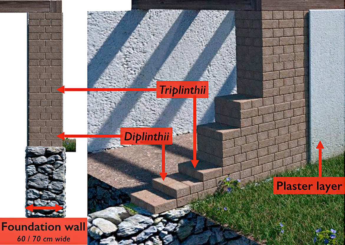 Fig. 2 – Mud brick walls on stone foundations and superficial plaster layer.