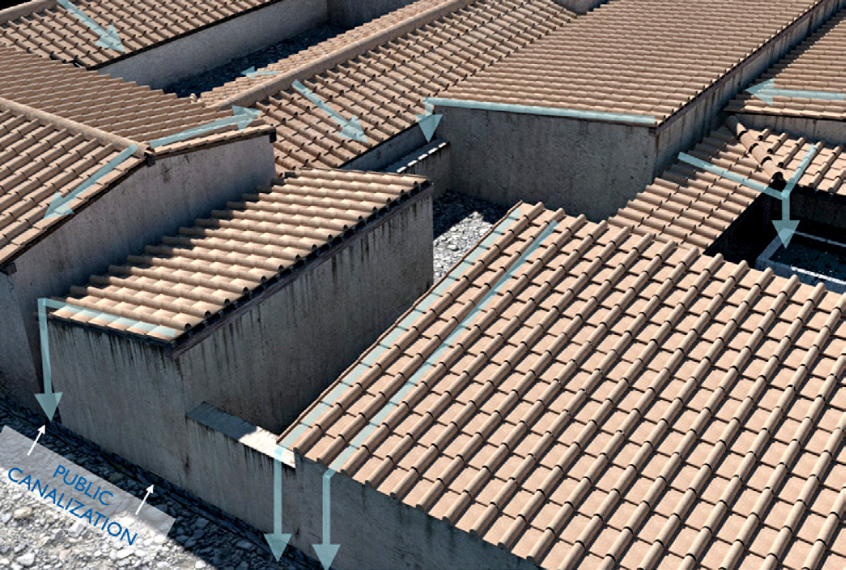 Fig. 4 – Reconstruction of the roofing and the water disposal system of the Houses 2 and 3 of the Regio IV, 1.