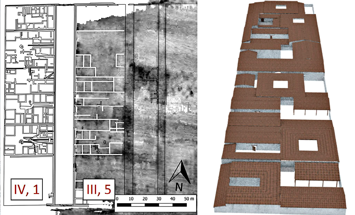 Fig. 5 – The reconstruction of the Regio III, 5: on the left the interpretation of the geophysical surveys, on the right the virtual model.