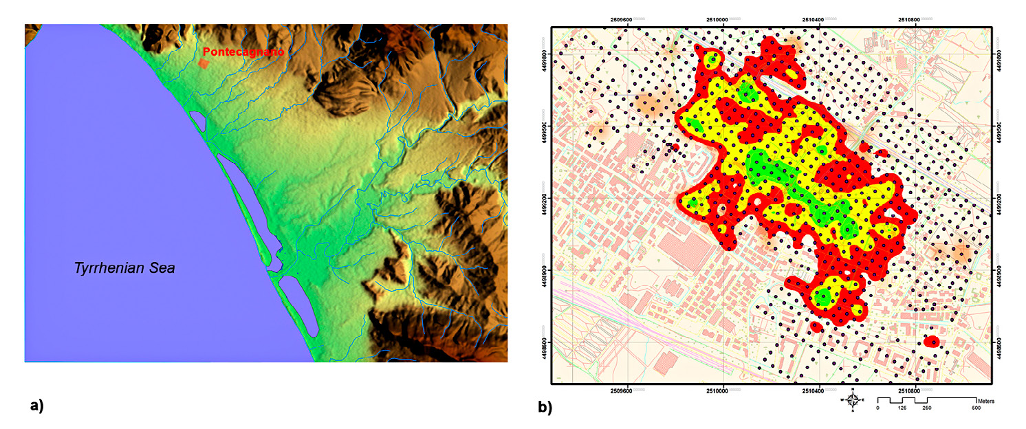 Fig. 1 – a) Location of Pontecagnano in the Sele plain; b) Pontecagnano, prospections of the Lerici Foundation: Kernel density estimate of the inhabited area (after De Simone, Pellegrino, Rossi 2015, fig. 1).