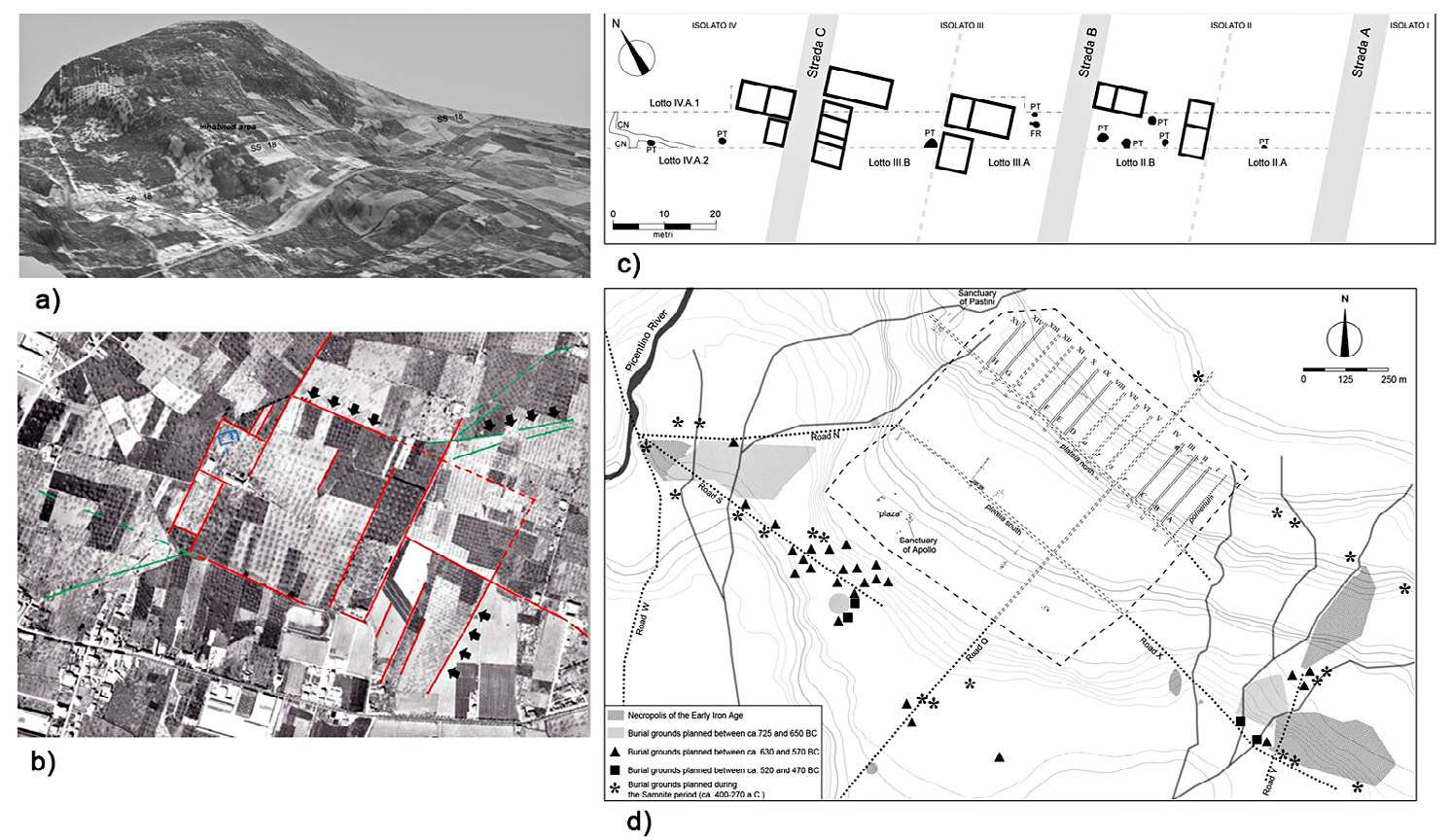 Fig. 4 – Pontecagnano: a) Draping of aerial photograph over DTM; b) Town limits in the aerial photograph of 1956; c) Housing blocks explored during the highway excavation (after Pellegrino, Rossi 2011, fig. 53); d) Plan of the ancient settlement.