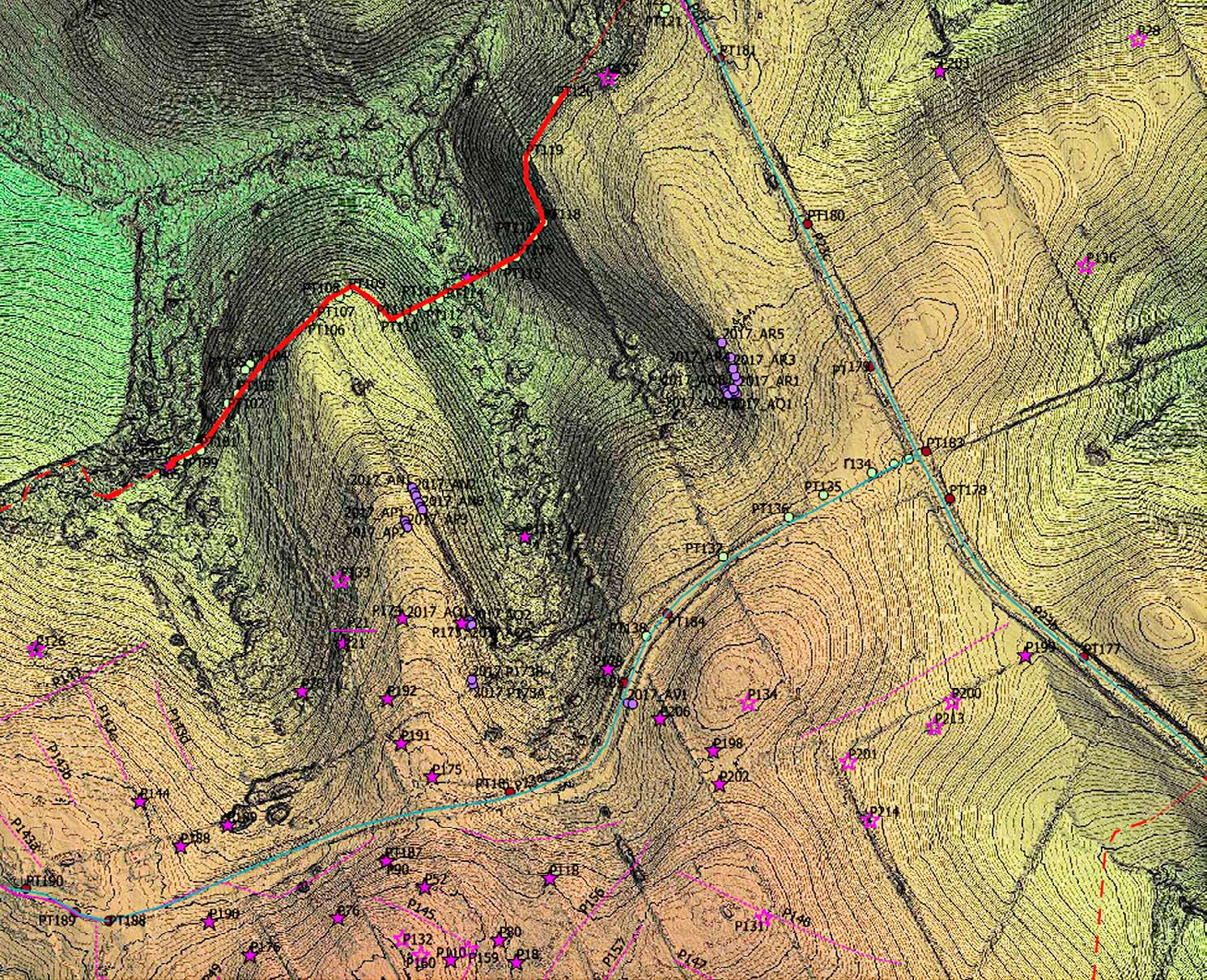 Fig. 1 – LiDAR Digital Terrain Model with the location of the elevation curves every meter and of the sites composing the archaeological heritage map of the Civita plateau.