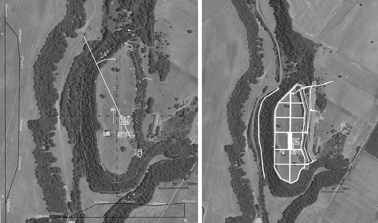 Fig. 1 – Sovrapposizione della restituzione grafica del rilievo all’immagine satellitare (Google Earth); verifica dello spostamento di 24° dell’asse longitudinale urbano rispetto al N geografico e profili, trasversale e longitudinale; (a lato) sovrapposizione dell’ipotesi di ricostruzione degli isolati e della rete viaria urbana alla foto satellitare.