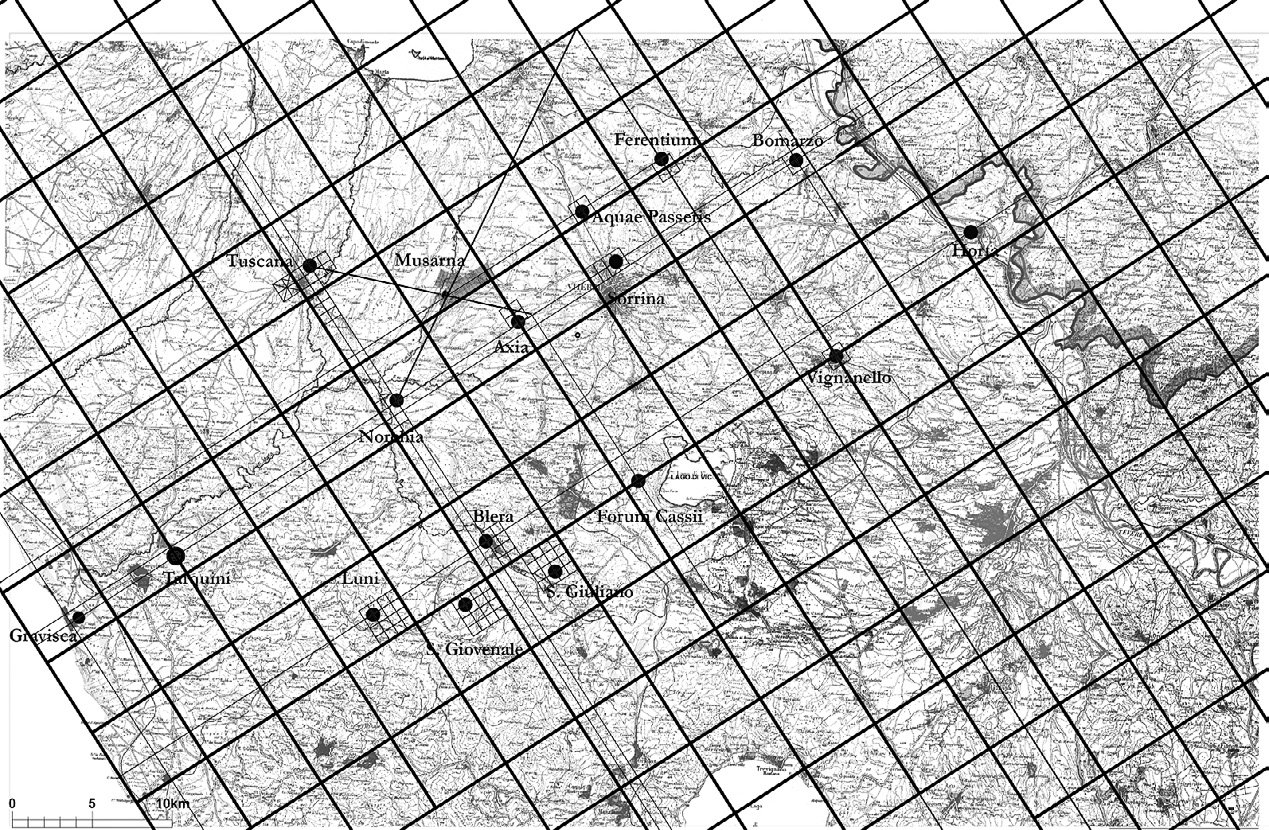 Fig. 4 – Verifica della suddivisione territoriale mediante una maglia in centuriae (420811,7 m²) e riscontro della posizione di Musarna rispetto alle particolarità geometriche della maglia (mappa di base: Tavola preesistenze storico-archeologiche, agg. 2006, Piano Territoriale Provinciale Generale – PTPR – della provincia di Viterbo, della quale sono state mantenute le indicazioni pertinenti la viabilità antica, certa e ipotetica).