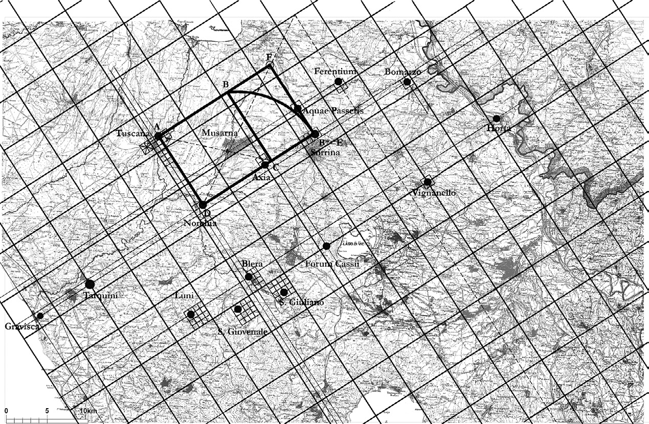 Fig. 5 – Evidenza dell’organizzazione territoriale degli abitati di Tuscania, Norchia, Axia, Musarna e Sorrina secondo le proprietà di un rettangolo aureo.