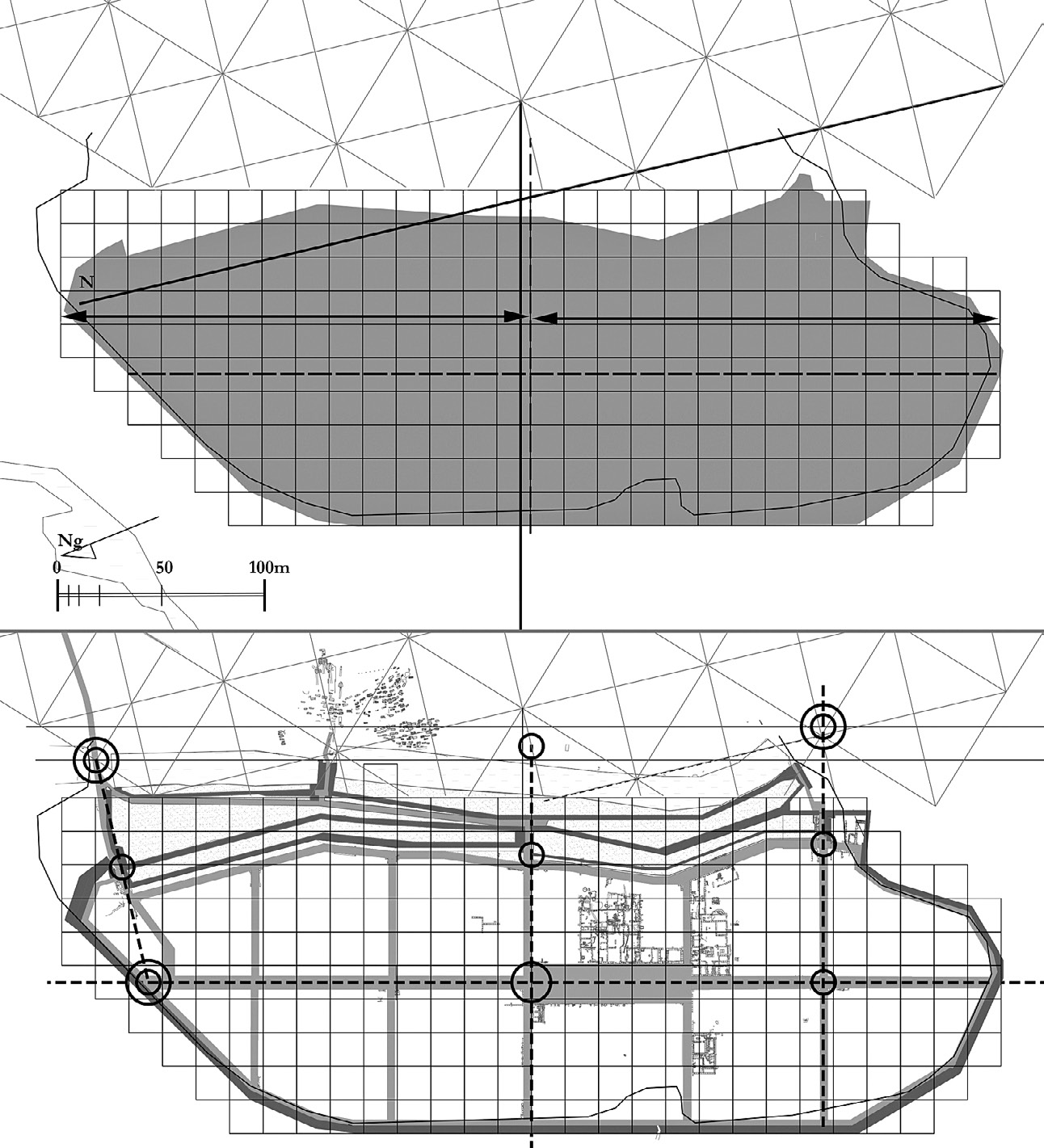 Fig. 9 – Determinazione degli assi longitudinale e trasversale della città in rapporto alla maglia centuriata e a quella di tracciamento urbano e (sotto) evidenza delle posizioni delle più probabili stazioni gromatiche.