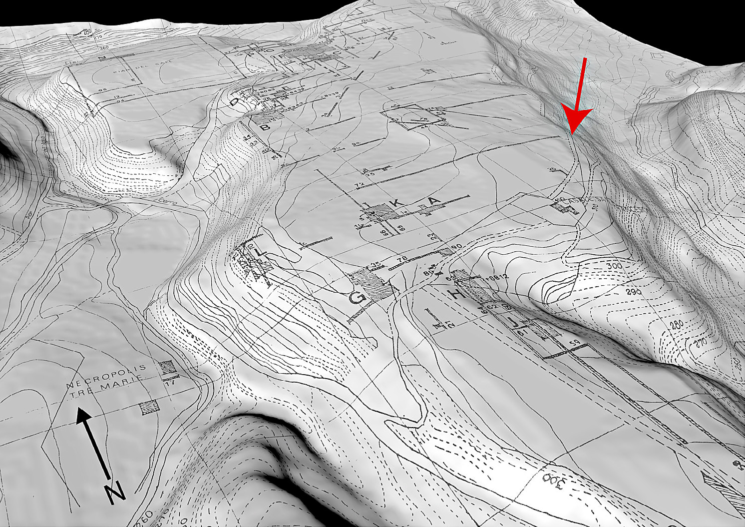 Fig. 1 – Plan of Acquarossa in 3D, with indication of the new building site. Author: M.H. Sepers, 4D Researchlab.