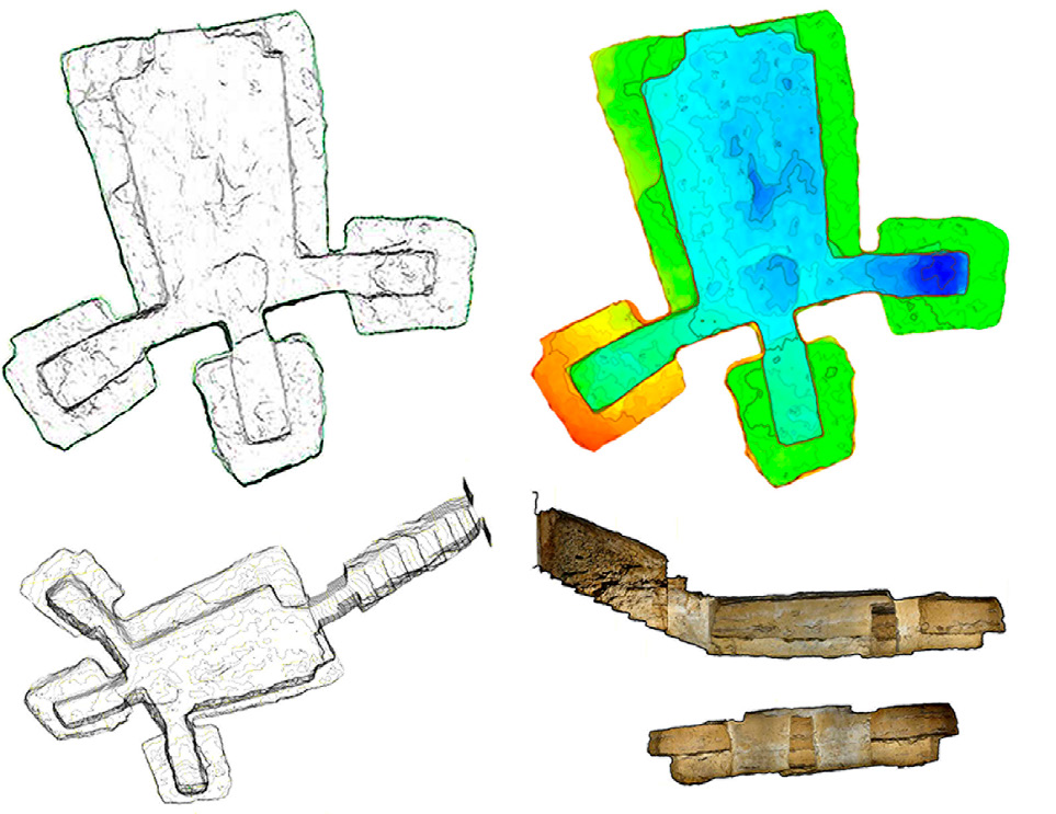 Fig. 2 – Hypogeum of Torricchi, from top left clockwise: general plan, DEM, cross sections and contour lines.