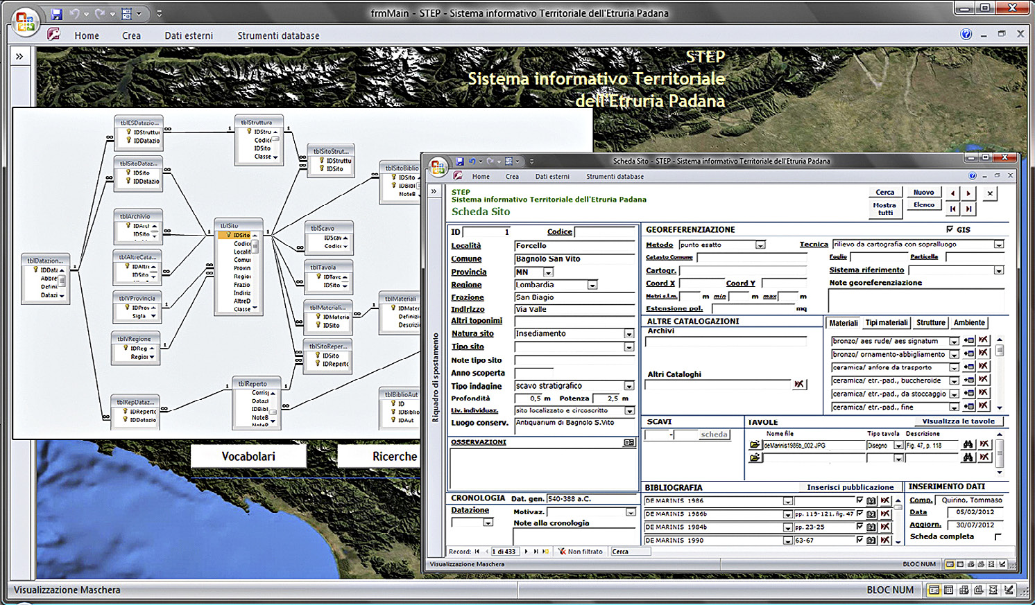 Fig. 1 – Relational schema (left),“Site” form (right) and “Main” form (background) of the RDBMS.