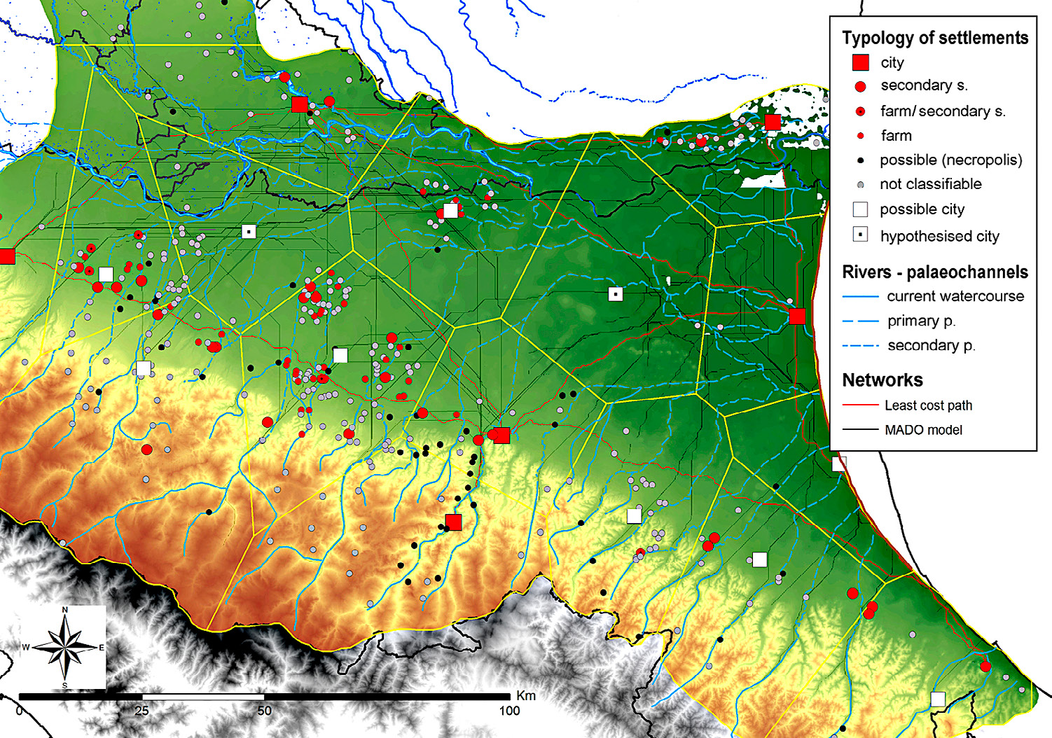 Fig. 5 – Comprehensive map presenting the overlay of all data layers: typology of settlements, territories associated with primary centres (delimited by Thyssen polygons), rivers and palaeochannels, calculated route network.