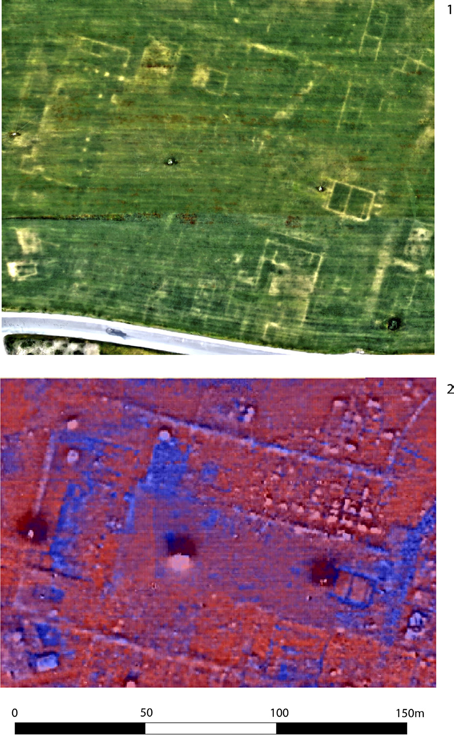 Fig. 1 – Aerial photograph with clear cropmarks of the buried remains of the Roman forum of Trea and (below) fused imagery of geomagnetic and earth resistance surveys on that same area. Elaboration: F. Vermeulen, B. Music and G. Verhoeven.