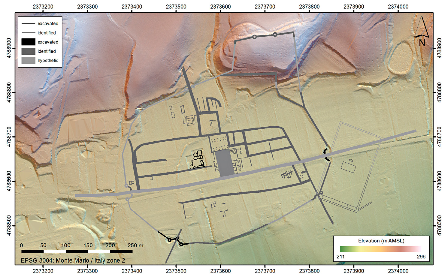 Fig. 2 – Interpretative mapping of geophysical and aerial survey evidence combined with some excavated data, presented on a background of LiDAR imagery of the Roman town site of Septempeda. Elaboration: F. Vermeulen, D. Taelman and F. Carboni.