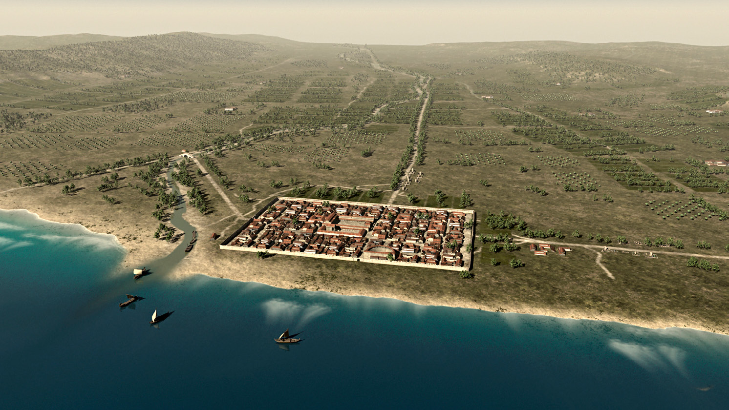 Fig. 3 – Visualization of the early Imperial phase of the Roman town of Potentia and its hinterland near the central Adriatic coast. Elaboration: M. Klein and F. Vermeulen.