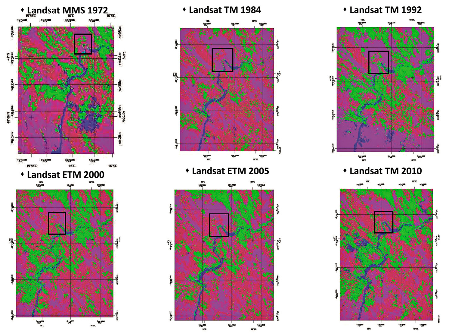 Fig. 3 – Landsat images processing and classification according to the following classes: vegetation (green), water (blue), urbanized-bare soil (purple), rock (red).