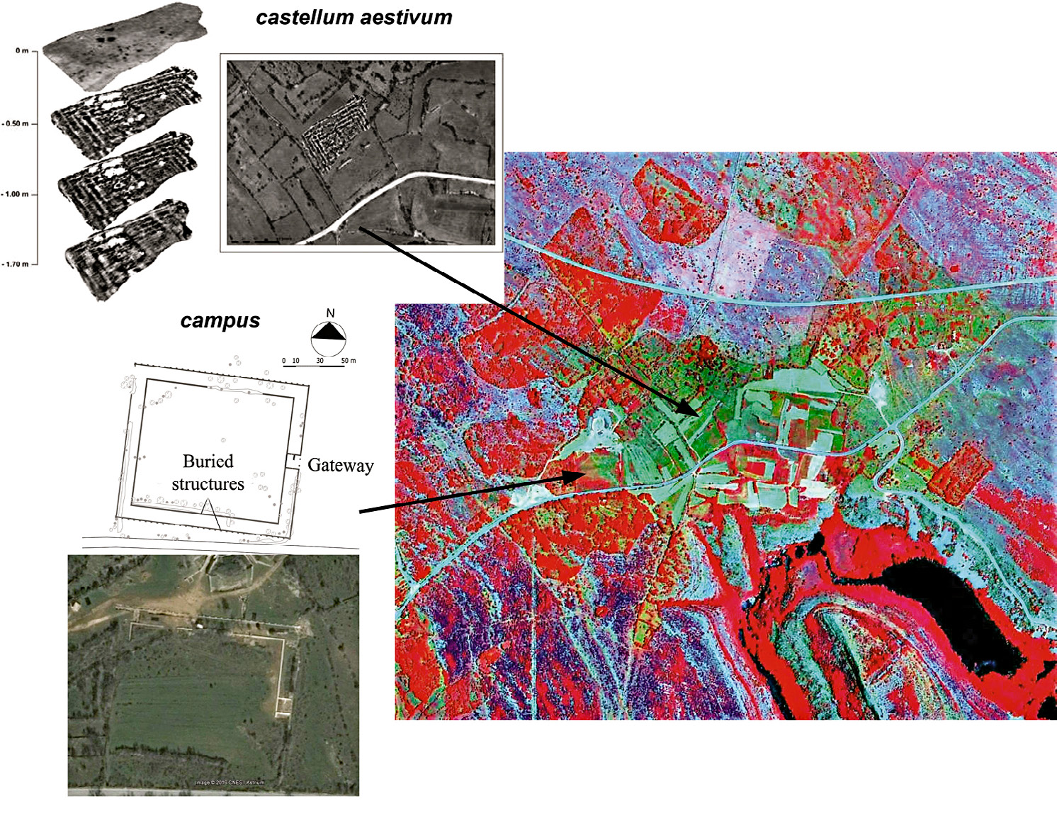 Fig. 4 – The GeoEye image in false color (RGB combination 432) and the identification of buried archaeological contexts in the western part of the site.