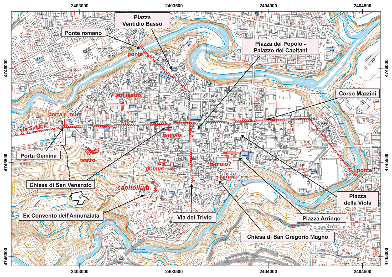 Fig. 1 – General plan of Ascoli with the main urban elements and ancient monuments. Elaboration: M. Silani.