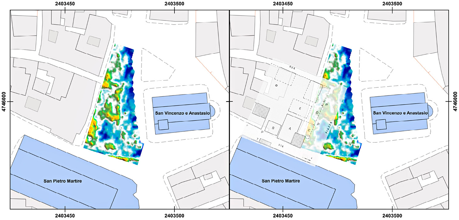 Fig. 2 – GPR survey in Piazza Ventidio Basso (depth of the slice-map: 0.60-0.80 m): on right, overlapping with an archival document (from Sestili, Torsani 1995) which attested in the medieval period the presence of structures in correspondence of some radar reflections. Elaboration: F. Boschi.