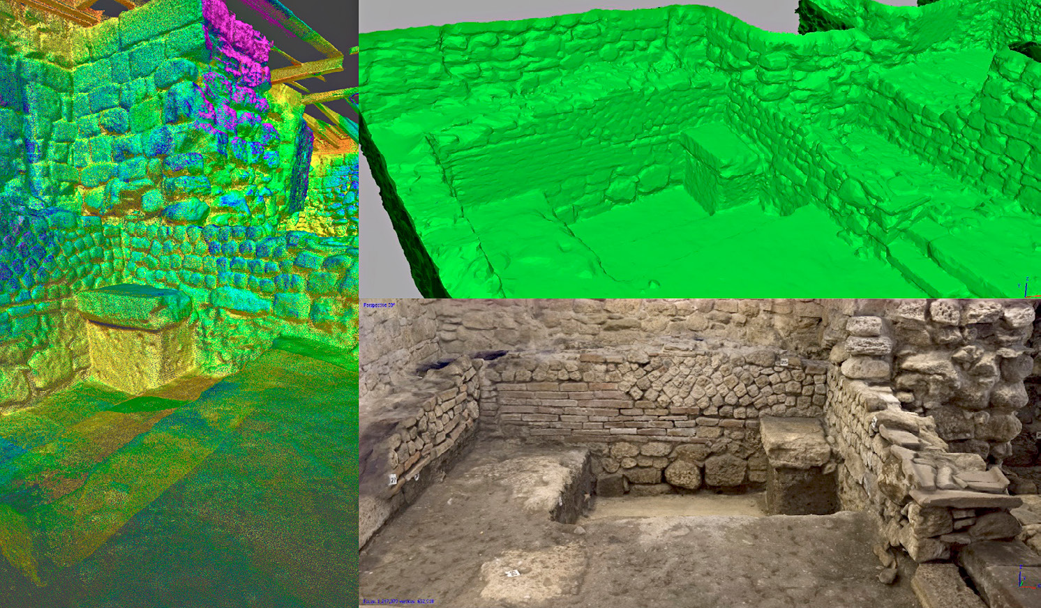 Fig. 3 – Roman structures under the Palazzo dei Capitani. Photo and laser scanning survey 2016.